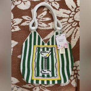 Striped Green and White Beaded Handbag